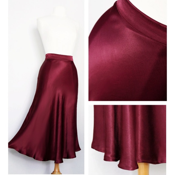 Wine Silky Satin Bias Cut Flowy Drape Midi Skirt - Picture 4 of 8